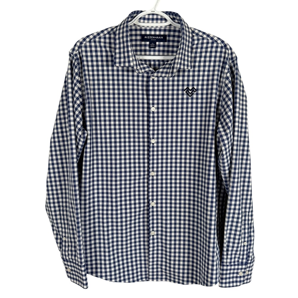 Mizzen+Main Leeward Dress Shirt‎ Trim Mens L Navy Blue Gingham Stretch No Tuck - Picture 2 of 8